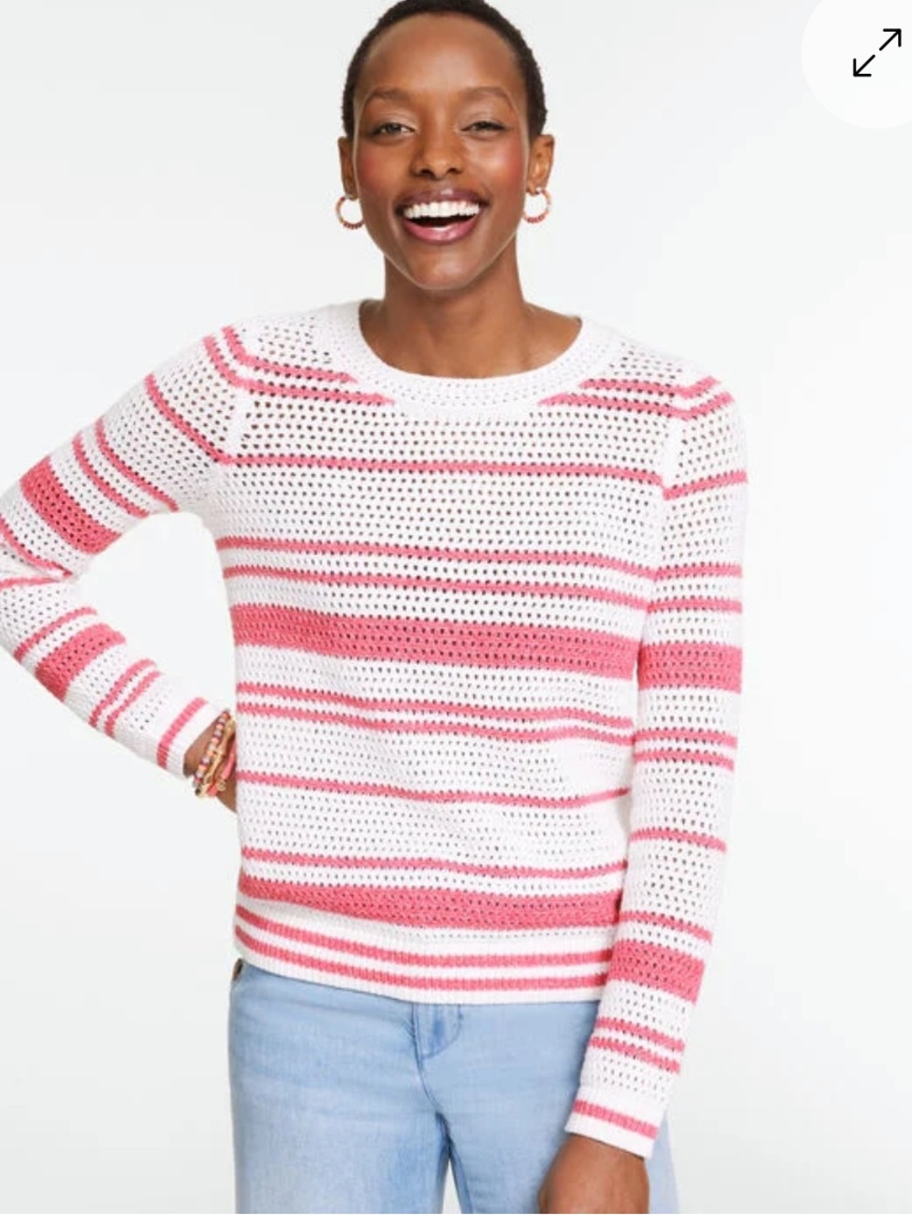 Talbots Pink and White Striped Crochet Crewneck Sweater